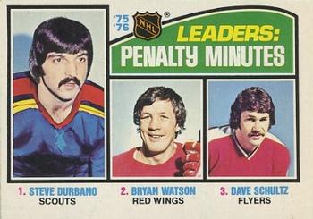 1976-77 O-Pee-Chee #4 '75'-76 Leaders: Penalty Minutes (Steve Durbano / Bryan Watson / Dave Schultz) Front