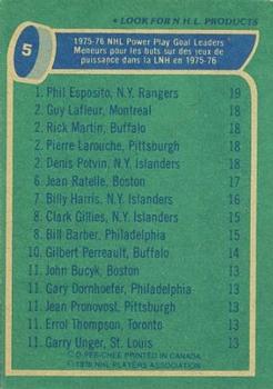 1976-77 O-Pee-Chee #5 '75'-76 Leaders: Power Play Goals (Phil Esposito / Guy Lafleur / Rick Martin / Pierre Larouche / Denis Potvin) Back