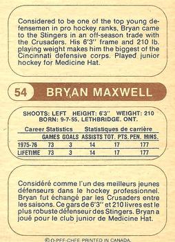 1976-77 O-Pee-Chee WHA #54 Bryan Maxwell Back