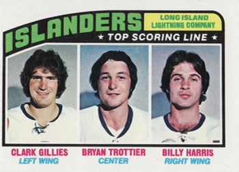 1976-77 Topps #216 Long Island Lightning Company (Clark Gillies / Bryan Trottier / Billy Harris) Front