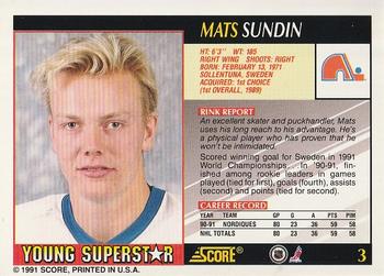 1991-92 Score Young Superstars #3 Mats Sundin Back