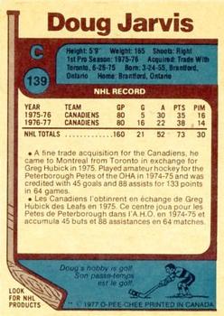 1977-78 O-Pee-Chee #139 Doug Jarvis Back
