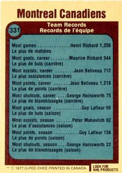 1977-78 O-Pee-Chee #331 Montreal Canadiens Records Back