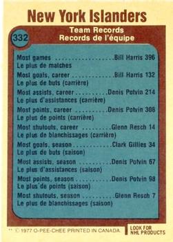 1977-78 O-Pee-Chee #332 New York Islanders Records Back
