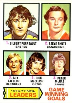 1977-78 O-Pee-Chee #7 1976-77 NHL Leaders Game Winning Goals (Gilbert Perreault / Steve Shutt / Guy LaFleur / Rick MacLeish / Peter McNab) Front