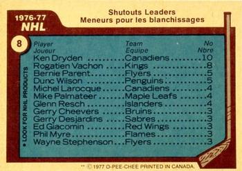 1977-78 O-Pee-Chee #8 1976-77 NHL Leaders Shutouts (Ken Dryden / Rogie Vachon / Bernie Parent / Dunc Wilson) Back