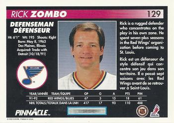 1992-93 Pinnacle Canadian #129 Rick Zombo Back