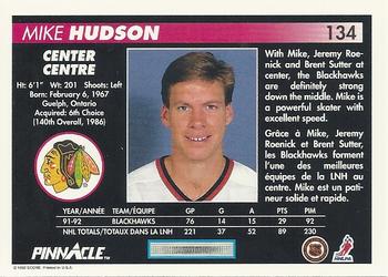 1992-93 Pinnacle Canadian #134 Mike Hudson Back