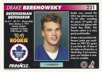 1992-93 Pinnacle Canadian #231 Drake Berehowsky Back
