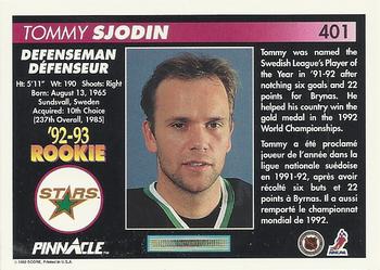 1992-93 Pinnacle Canadian #401 Tommy Sjodin Back