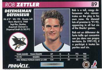 1992-93 Pinnacle Canadian #89 Rob Zettler Back
