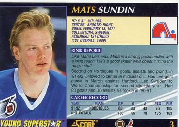 1992-93 Score Young Superstars #3 Mats Sundin Back