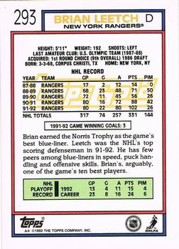1992-93 Topps - Gold #293 Brian Leetch Back