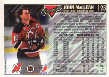 1993-94 O-Pee-Chee Premier - Gold #193 John MacLean Back