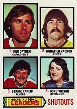 1977-78 Topps #8 1976-77 NHL Leaders Shutouts (Ken Dryden / Rogie Vachon / Bernie Parent / Dunc Wilson) Front