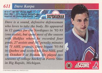 1993-94 Score - Gold Rush #611 Dave Karpa Back