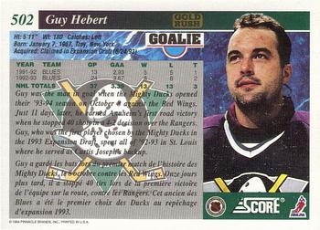 1993-94 Score Canadian - Gold Rush #502 Guy Hebert Back