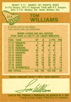 1978-79 O-Pee-Chee #314 Tom Williams Back