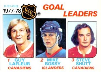 1978-79 O-Pee-Chee #63 1977-78 Goal Leaders (Guy Lafleur / Mike Bossy / Steve Shutt) Front