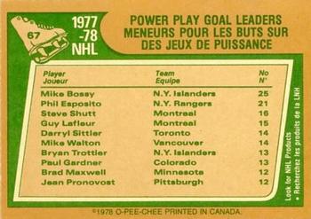 1978-79 O-Pee-Chee #67 1977-78 Power Play Goal Leaders (Mike Bossy / Phil Esposito / Steve Shutt) Back