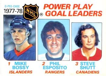 1978-79 O-Pee-Chee #67 1977-78 Power Play Goal Leaders (Mike Bossy / Phil Esposito / Steve Shutt) Front