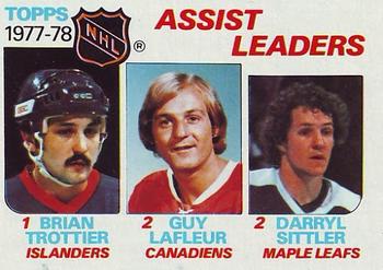 1978-79 Topps #64 1977-78 Assist Leaders (Bryan Trottier / Guy Lafleur / Darryl Sittler) Front