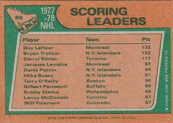 1978-79 Topps #65 1977-78 Scoring Leaders (Guy Lafleur / Bryan Trottier / Darryl Sittler) Back