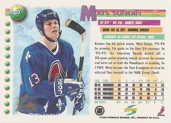 1994-95 Score - Platinum #89 Mats Sundin Back
