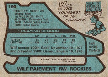 1979-80 Topps #190 Wilf Paiement Back