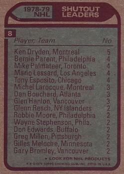 1979-80 Topps #8 Ken Dryden / Tony Esposito / Mike Palmateer / Mario Lessard / Bernie Parent Back