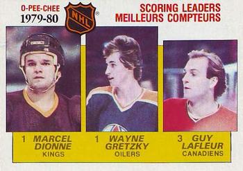 1980-81 O-Pee-Chee #163 1979-80 Scoring Leaders (Marcel Dionne / Wayne Gretzky / Guy Lafleur) Front