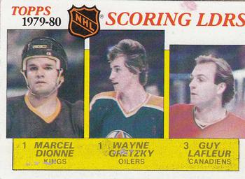 1980-81 Topps #163 1979-80 Scoring Leaders (Marcel Dionne / Wayne Gretzky / Guy Lafleur) Front