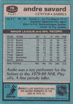 1981-82 Topps #E78 Andre Savard Back