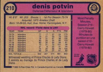 1982-83 O-Pee-Chee #210 Denis Potvin Back