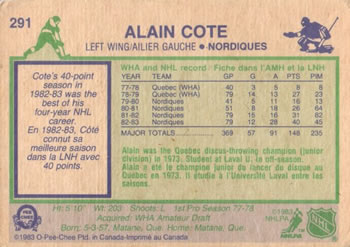 1983-84 O-Pee-Chee #291 Alain Cote Back