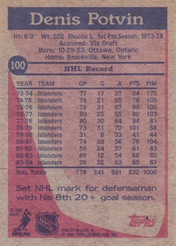 1984-85 Topps #100 Denis Potvin Back