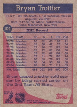 1984-85 Topps #104 Bryan Trottier Back