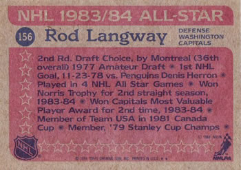1984-85 Topps #156 Rod Langway Back
