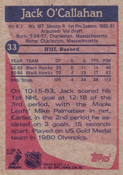 1984-85 Topps #33 Jack O'Callahan Back
