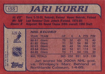 1985-86 Topps #155 Jari Kurri Back