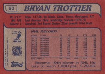 1985-86 Topps #60 Bryan Trottier Back