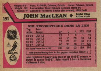 1987-88 O-Pee-Chee #191 John MacLean Back