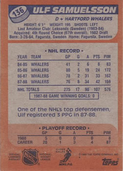 1988-89 Topps #136 Ulf Samuelsson Back