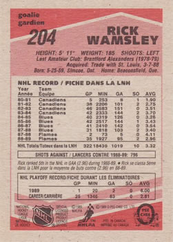 1989-90 O-Pee-Chee #204 Rick Wamsley Back