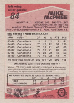 1989-90 O-Pee-Chee #84 Mike McPhee Back