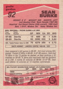 1989-90 O-Pee-Chee #92 Sean Burke Back