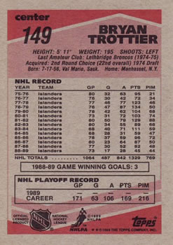 1989-90 Topps #149 Bryan Trottier Back