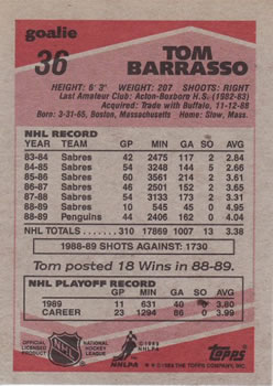 1989-90 Topps #36 Tom Barrasso Back