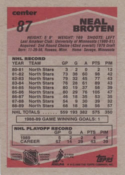 1989-90 Topps #87 Neal Broten Back