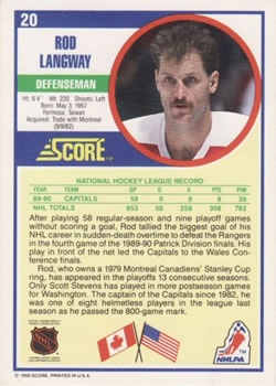 1990-91 Score American #20 Rod Langway Back